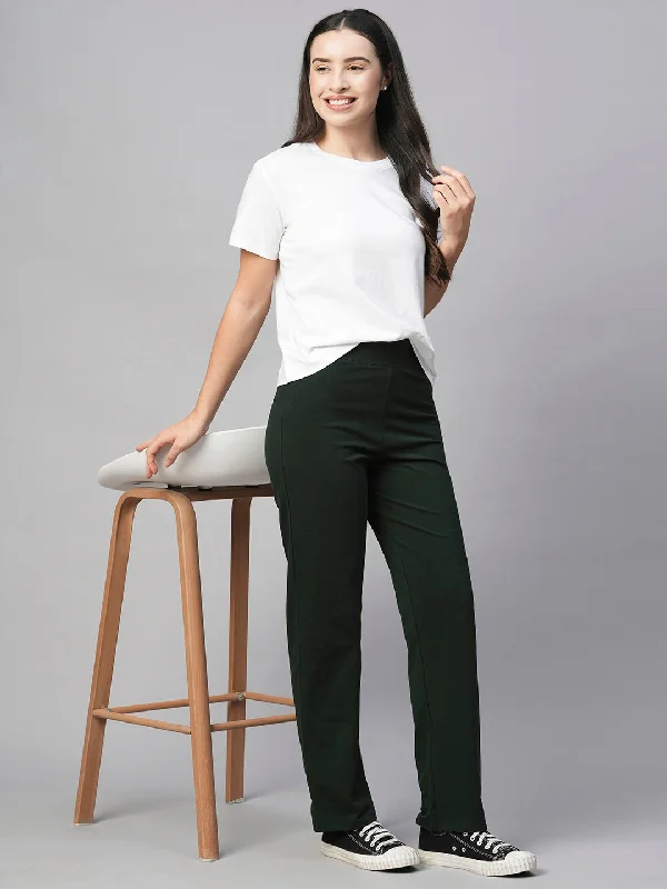 Women's Green Cotton Elastane Regular Fit Knit Pant Stretch Fit Pants