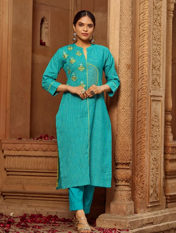 Embroidered Handloom Cotton Kurta Pants Set 3667 Relaxed Linen Pants