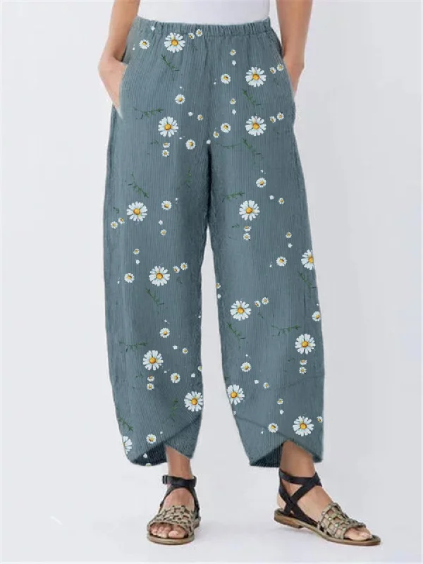 Daisy Floral Print Elastic Waist Casual Pants For Women Stylish Paperbag Waist Pants