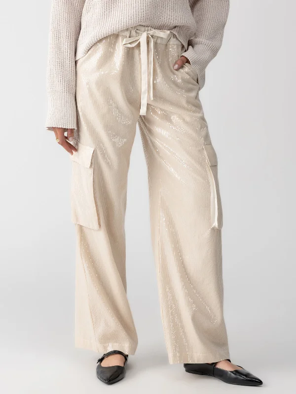 Pull-On Sequin Semi High Rise Cargo Pant Frosted Almond Slim-Fit Leggings