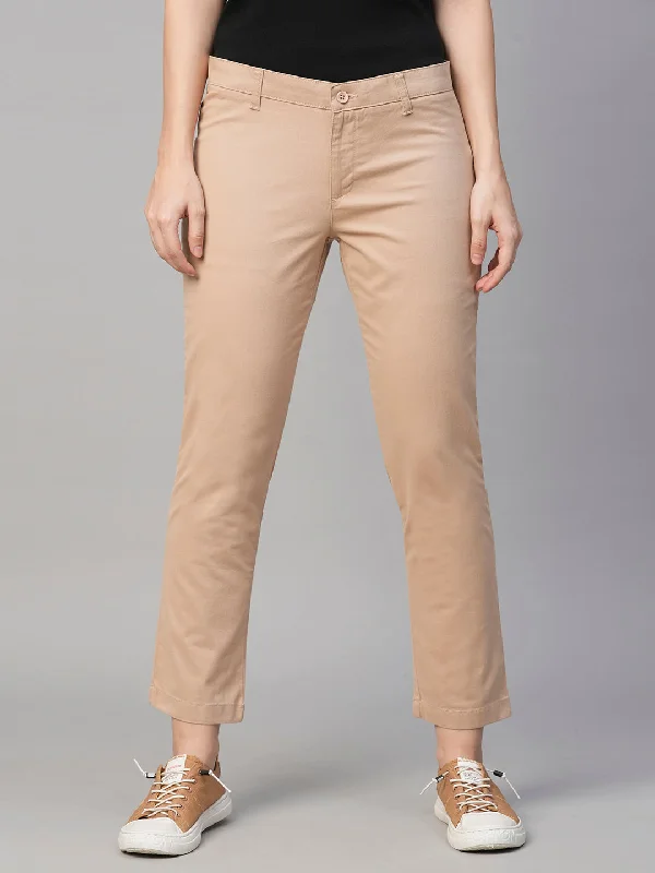 Women's Beige Cotton Lycra Regular Fit Pant Relaxed High-Waist Trousers