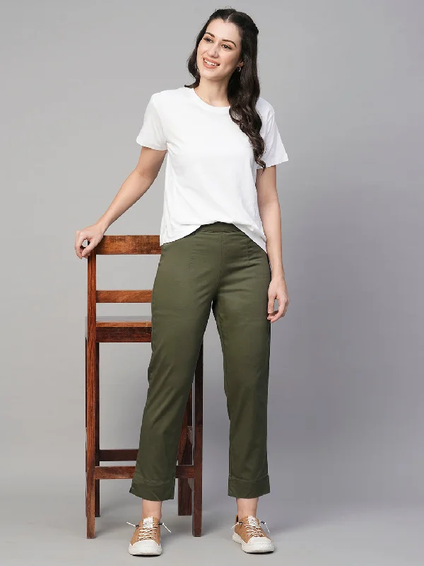 Women's Olive Cotton Elastane Regular Fit Pant Soft Stretch Trousers