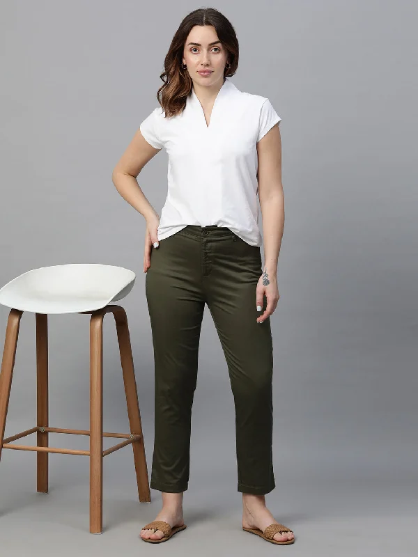 Women's Olive Cotton Lycra Regular Fit Pant Modern Stretch Trousers