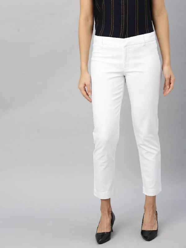 Women's White Cotton Lycra Regular Fit Pant Cozy Fitted Pants