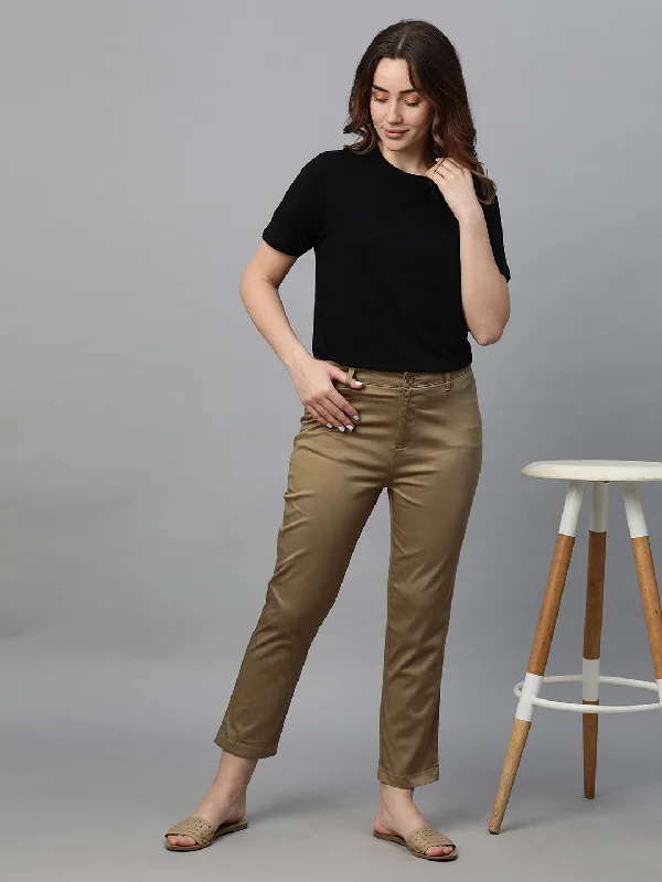 Women's Khaki Cotton Lycra Regular Fit Pant Relaxed Linen Pants