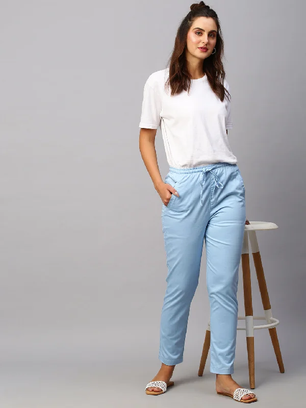 Women's Blue Cotton Lycra Regular Fit Pant Chic Slim Fit Pants