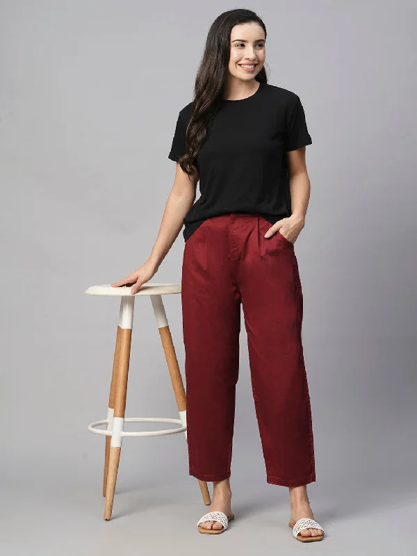 Women's Maroon/Red Cotton Elastane Loose Fit Pant Trendy Palazzo Pants