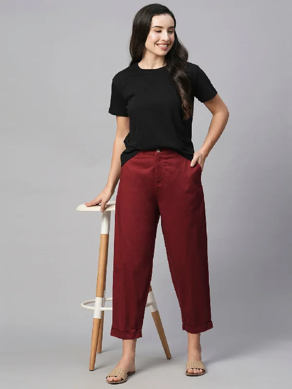 Women's Cotton Elastane Maroon/Red Loose Fit Pant Formal Dress Pants