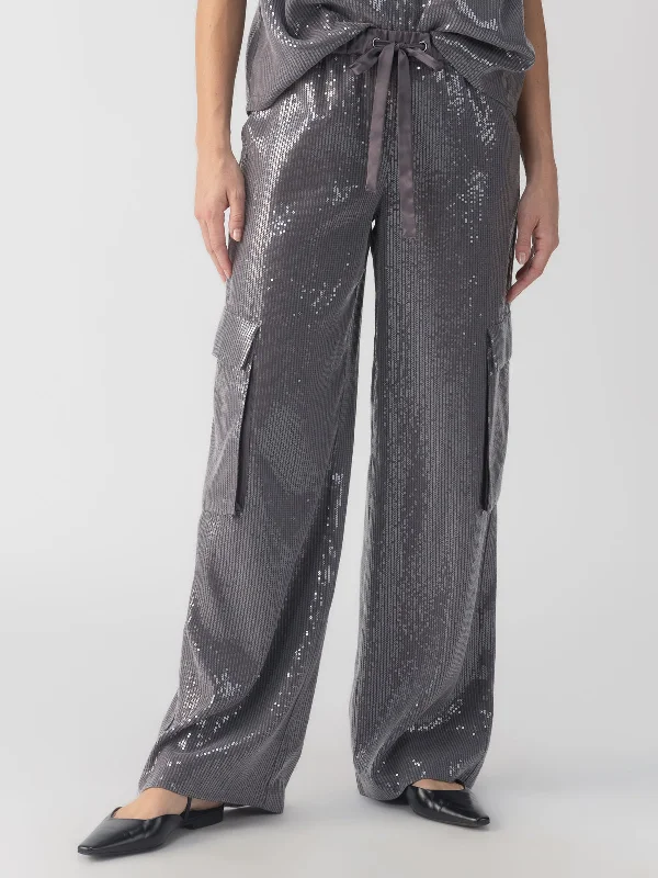 Pull-On Sequin Semi High Rise Cargo Pant Gunmetal Elegant Trouser Pants