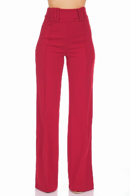 High Waist Pants With Self Fabric Buckle Detail On The Waist Classic Flared Pants