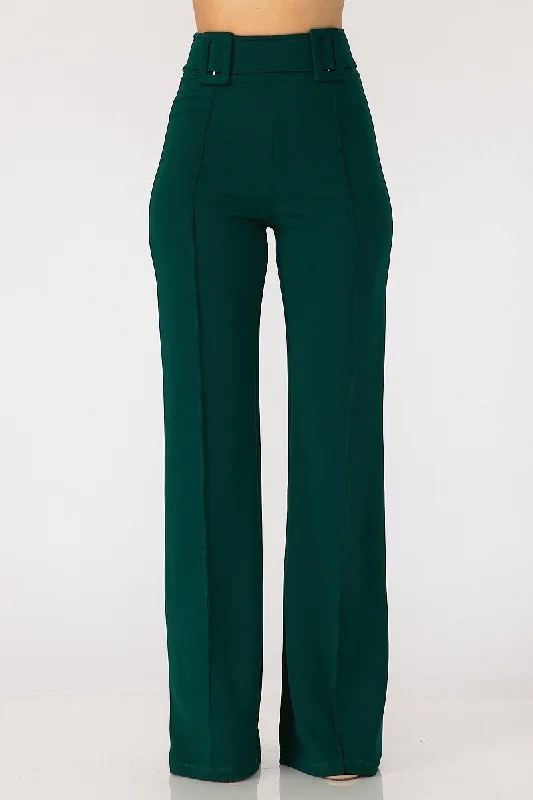 High Waist Pants With Self Fabric Buckle Detail On The Waist Comfortable Wide-Leg Pants