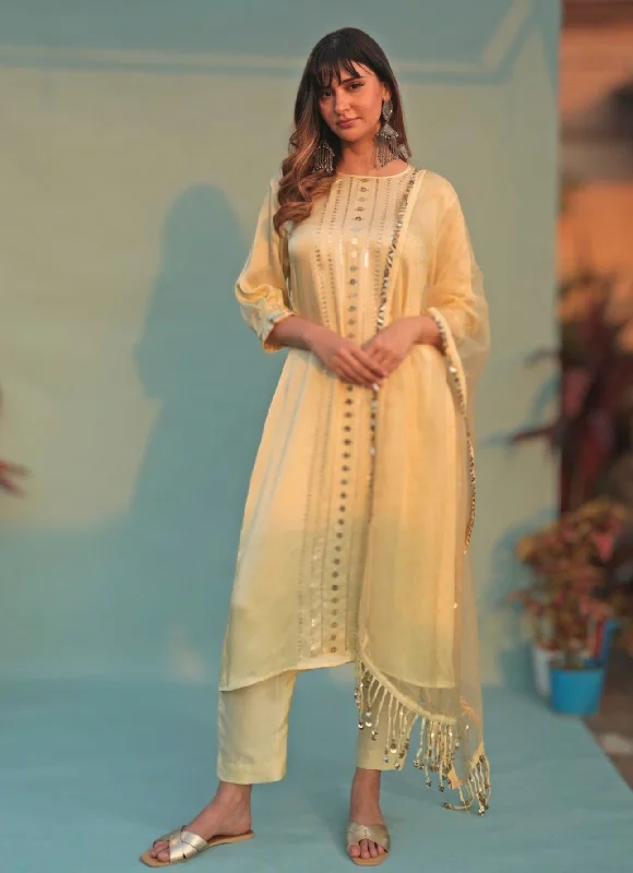 Pastel Yellow Hand-Embroidered Kurta Pant Set Slim-Fit Khaki Pants