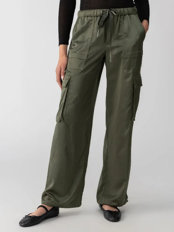 Satin Cargo Standard Rise Wide Leg Pant Dark Olive Sleek Black Pants