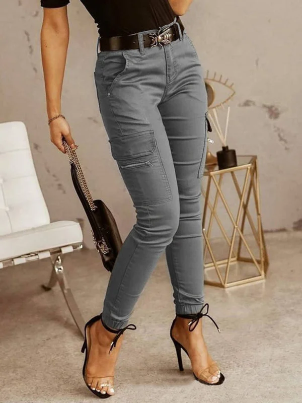 Women's Solid Color Ankle Cargo Pants High-Waist Jeans