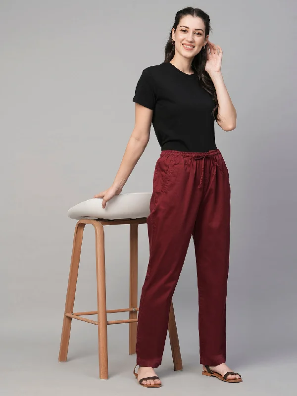 Women's Maroon/Red Cotton Elastane Regular Fit Pant Relaxed Fit Trousers