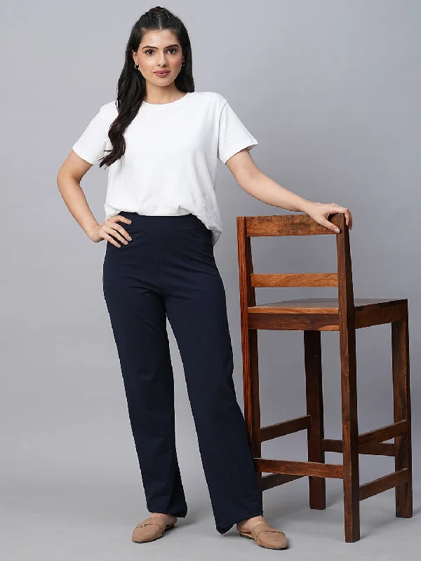 Women's Navy Cotton Elastane Regular Fit Pant Relaxed Lounge Trousers