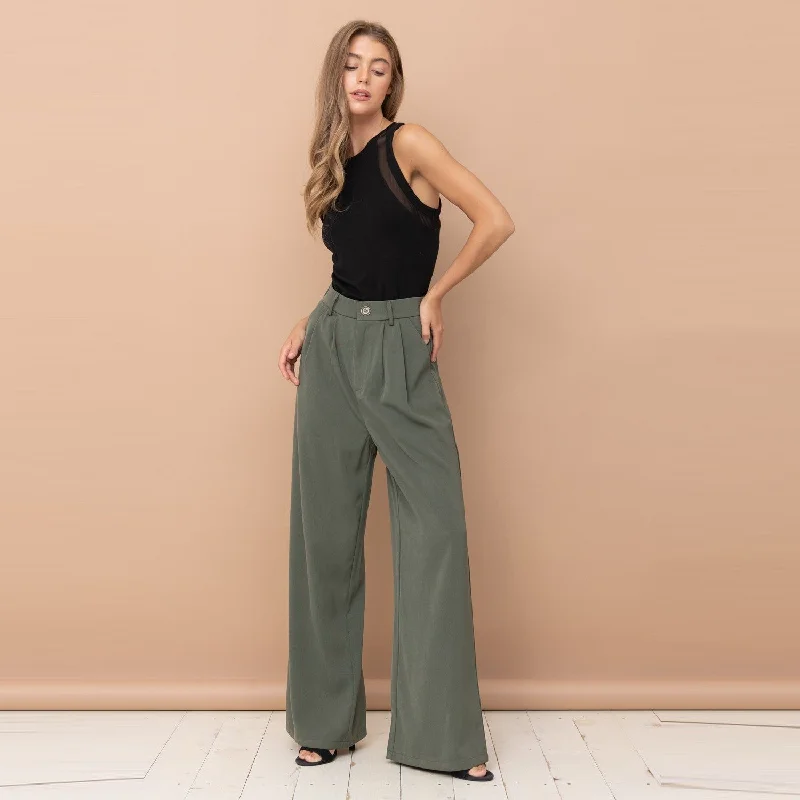 High Waist Pleated Pants (Olive) Casual Wide Pants