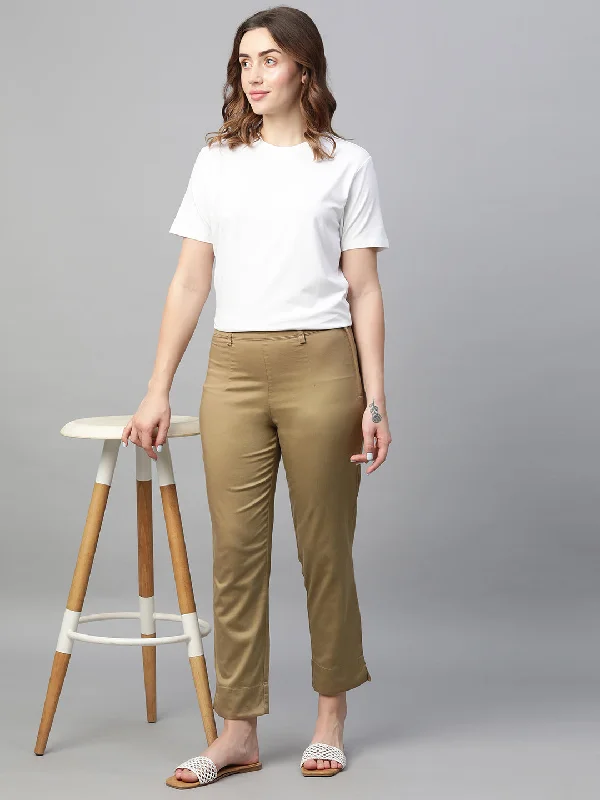 Women's Khaki Cotton Elastane Regular Fit Pant Soft Sweatpants Style