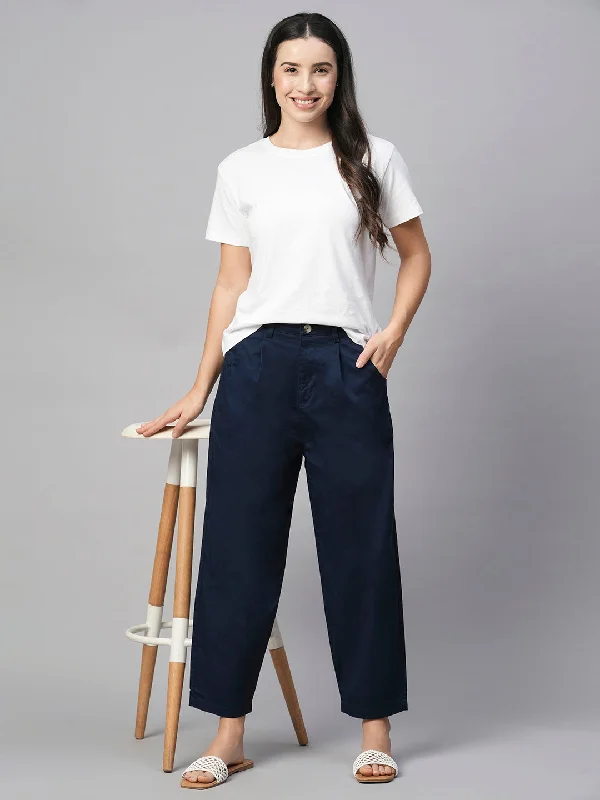 Women's Navy Cotton Elastane Loose Fit Pant Trendy Velvet Pants