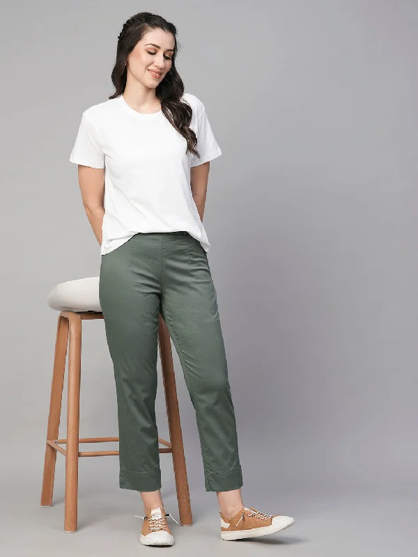 Women's Grey Cotton Elastane Regular Fit Pant Elegant High-Waist Pants