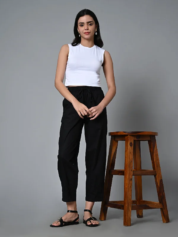 Women's Black Cotton Regular Fit Pant Comfy High-Waist Jeans