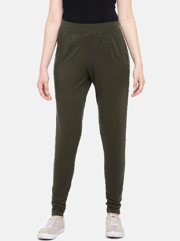 Women's Olive Viscose Elastane Loose Fit Knit Pant Slim-Fit Leggings