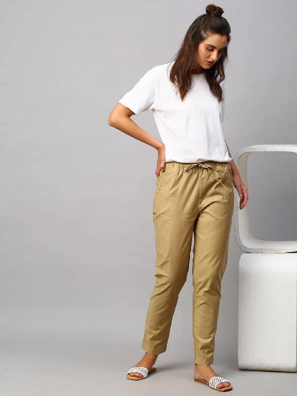 Women's Khaki Cotton Lycra Regular Fit Pant Sleek Black Pants