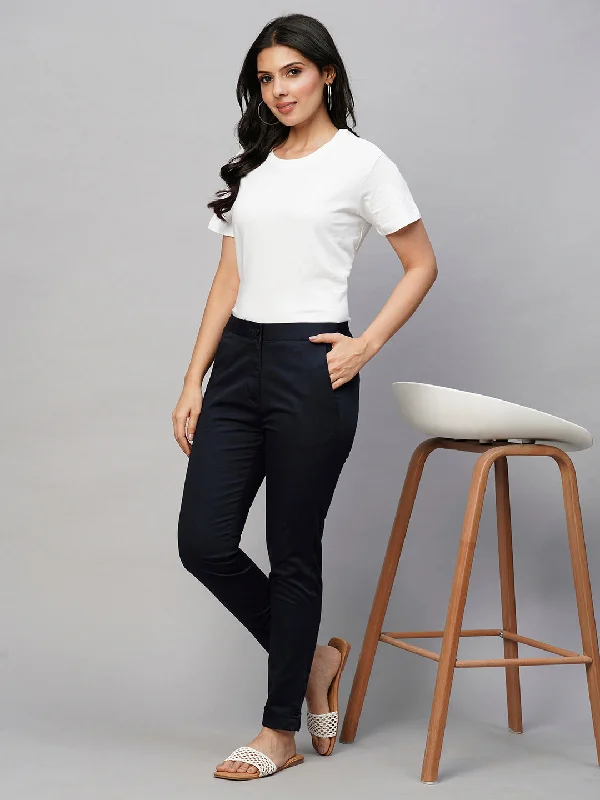 Women's Navy Cotton Lycra Slim Fit Pant Stylish Slim Trousers