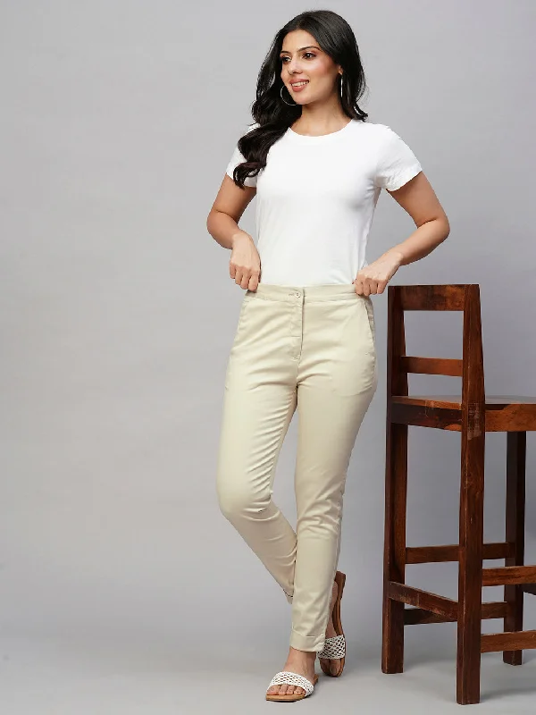 Women's Beige Cotton Lycra Slim Fit Pant Casual Wide Pants