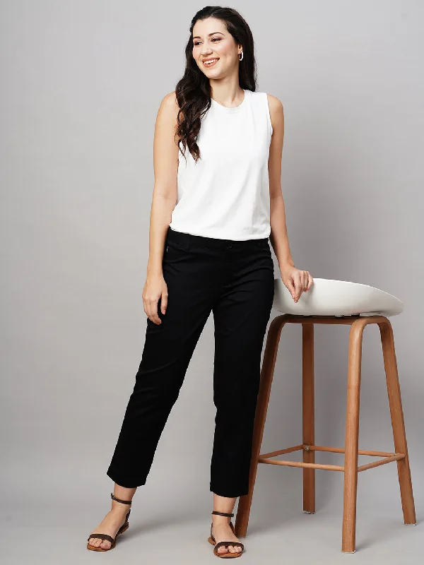 Women's Black Cotton Lycra Regular Fit Pant Trendy Wide-Legged Trousers