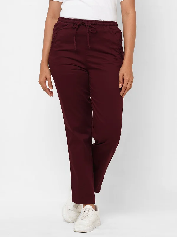 Women's Maroon/Red Cotton Lycra Regular Fit Pant Casual Drawstring Pants