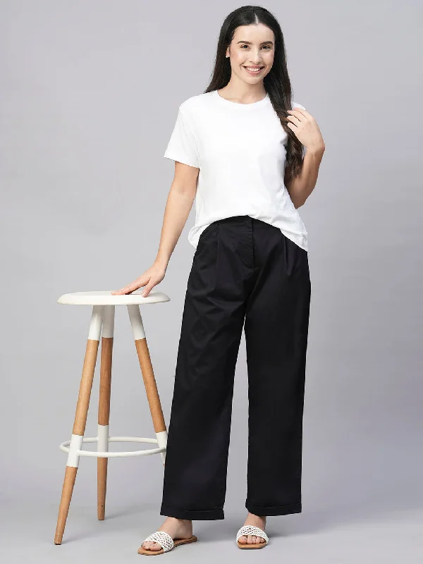 Women's Black Cotton Elastane Straight Fit Pant Sleek Black Pants