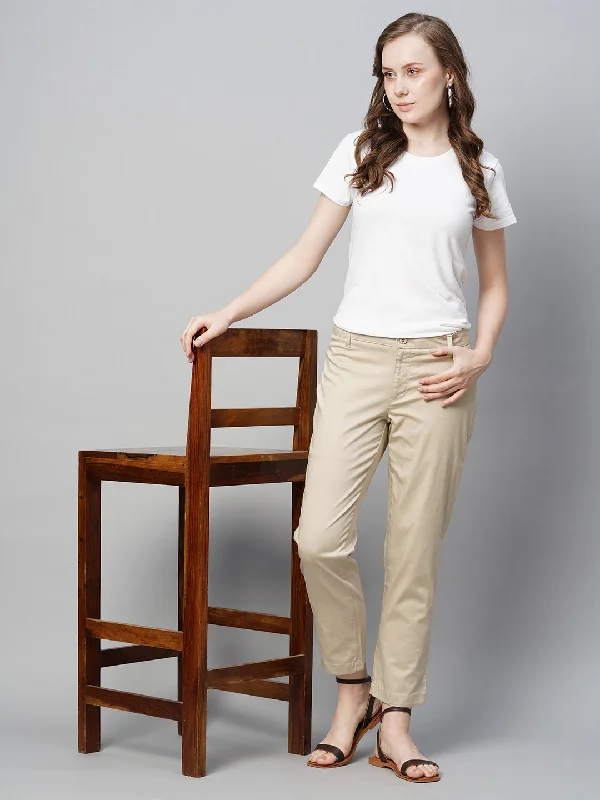 Women's Beige Cotton Elastane Regular Fit Pant Trendy Tapered Pants