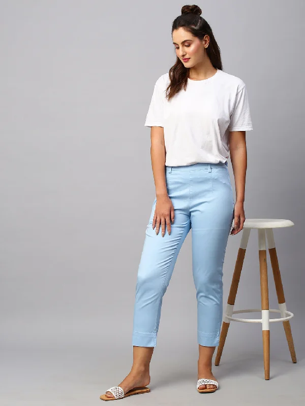 Women's Blue Cotton Lycra Regular Fit Pant Classic Straight-Leg Pants