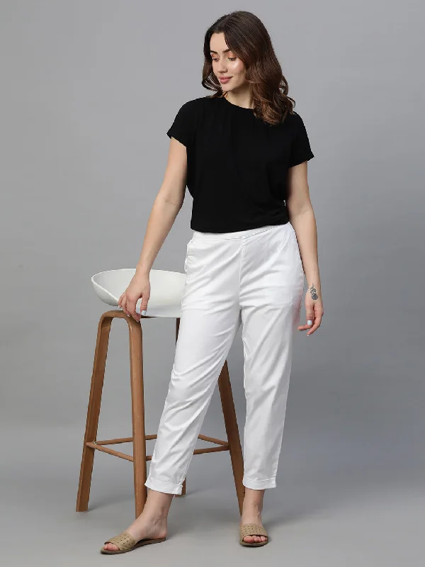 Women's White Cotton Elastane Regular Fit Pant High-Waist Yoga Pants