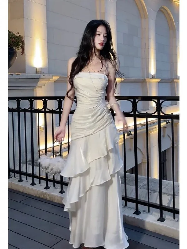 Classy Mermaid Spaghetti Straps Ivory Layered Party Prom Dress cc2394
