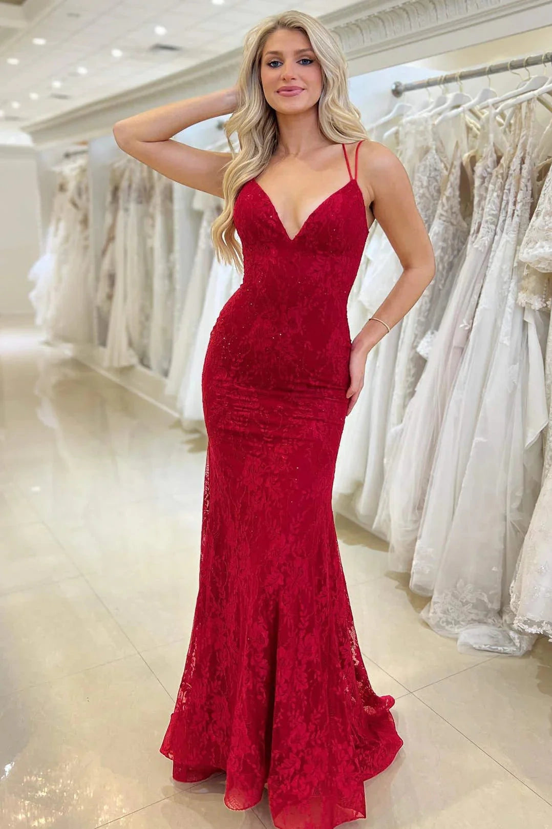 Red V-Neck Lace Up Lace Mermaid Party Prom Dress
