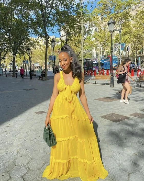 Sexy Straps Yellow Long Chiffon Prom Dress A Line Party Gown  cc2407