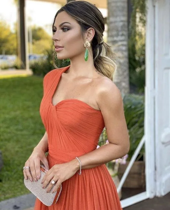 Orange Flowy One-Shoulder Gown Classic Prom Dress c2862