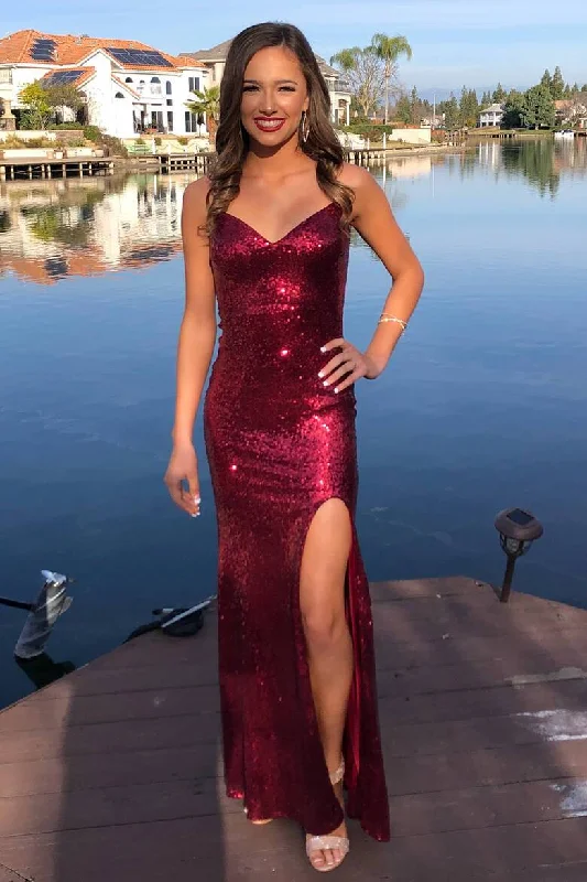 Glittery V-Neck Mermaid Long Burgundy Prom Dress cc488