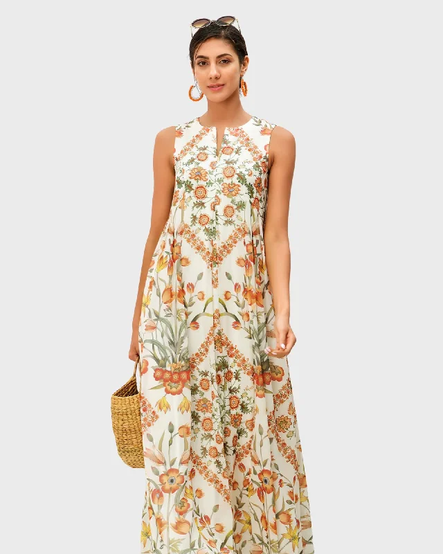 Floral print georgette release pleat dress | Off-white