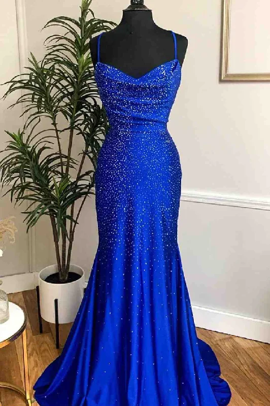 Royal Blue Beaded Cowl Neck Mermaid Long Prom Dress cc446