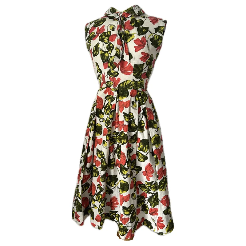 Vermilion red, green and white floral vintage 1950s cotton day dress