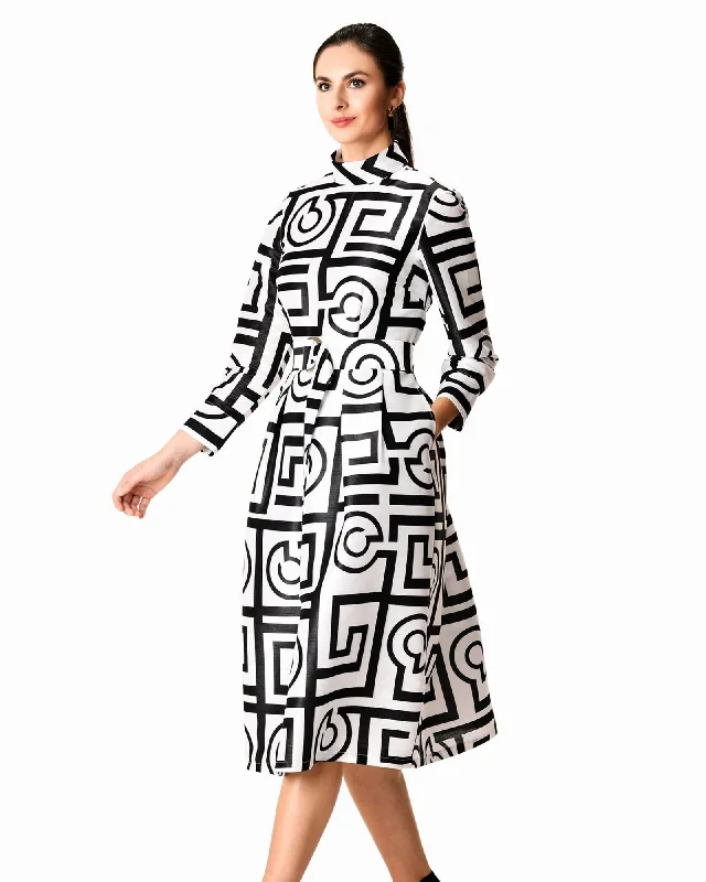 Geo print dupioni sash belt dress | White