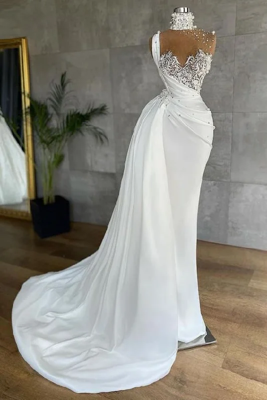 Luxury White Satin One Shoulder Beading Appliques Mermaid Prom Dresses C1375
