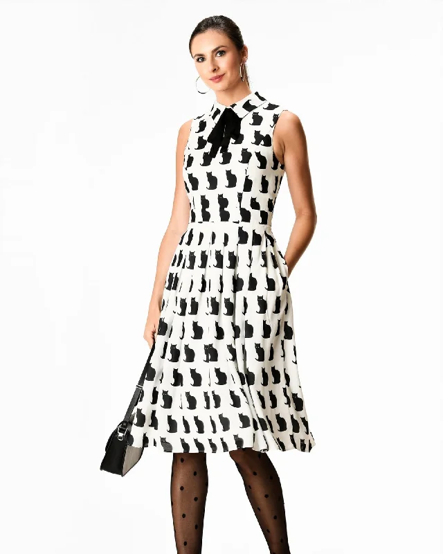 Bow tie cat print crepe dress | White