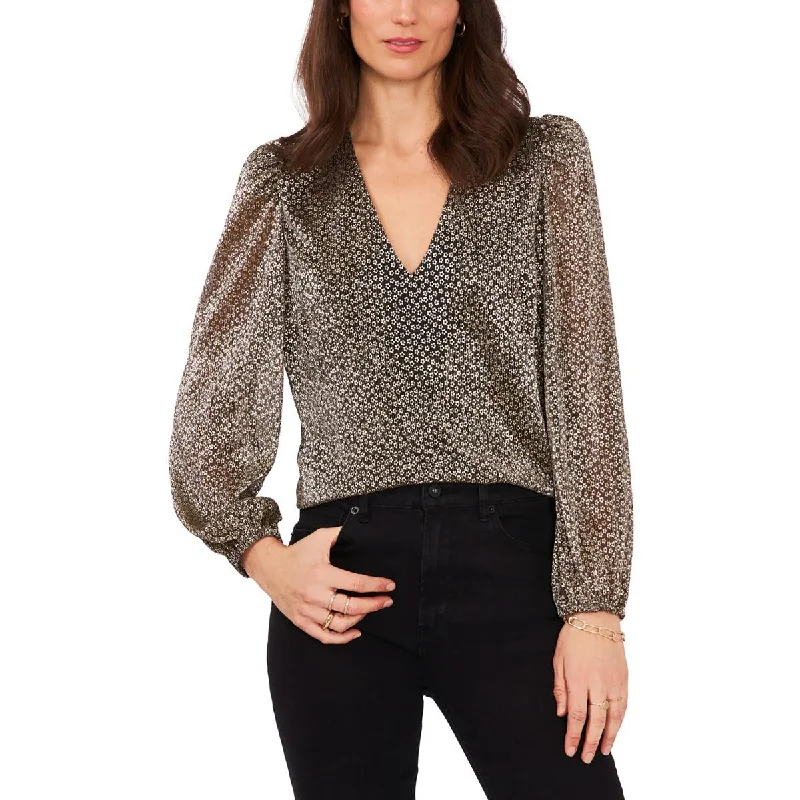 1.State Womens V Neck Metallic Blouse Sheer Mesh Blouse