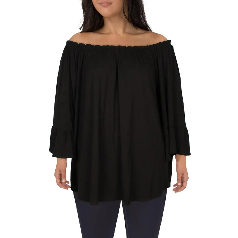 24seven Comfort Apparel Womens Plus Ruffled Bell Sleeves Blouse Double Button Blouse