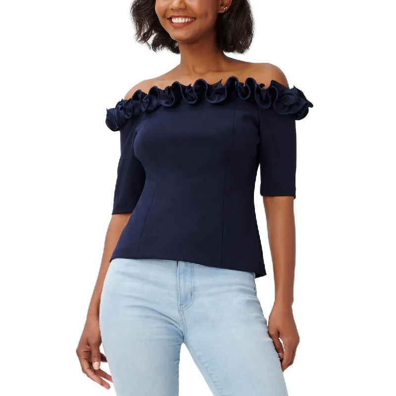 Adrianna Papell Womens Rosettes Off Shoulder Blouse Semi-Sheer Blouse