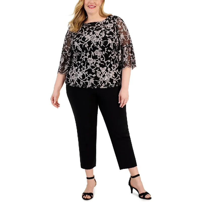 Alex Evenings Womens Plus Mesh Embroidered Blouse Sheer Sleeve Blouse